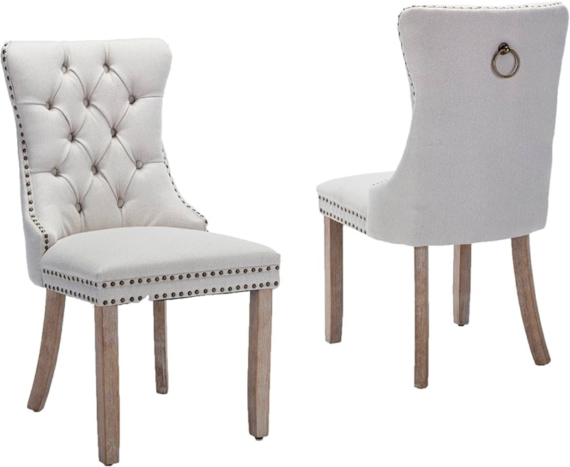 Beige Linen-Like Dining Chairs with Button Tufting and Rear Ring Pull