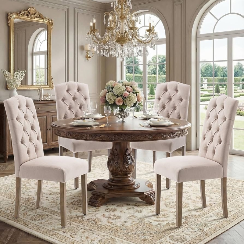 Beige Linen Look Parsons Dining Chair with Button Tufting