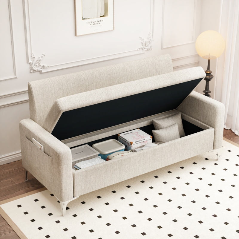 Beige Linen Loveseat with Side Storage Pockets for Small Spaces
