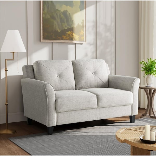Beige Microfiber Loveseat with Flared Arms, Tapered Legs, Compact Seating