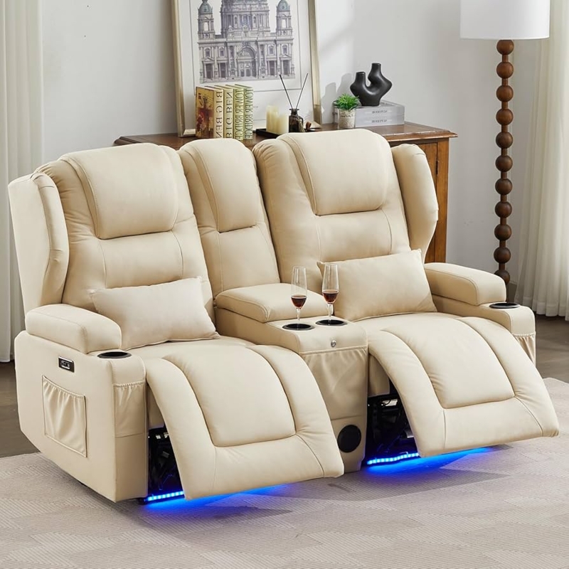Beige Power Reclining Loveseat with LED Base Lighting for Home Theater