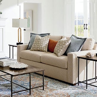 Beige Track Arm Loveseat for Airy Living Room Window Seating