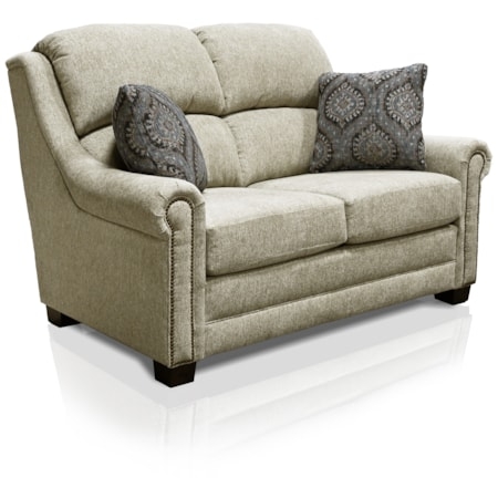 Beige Upholstered Loveseat with Rolled Arms and Geometric Pillows