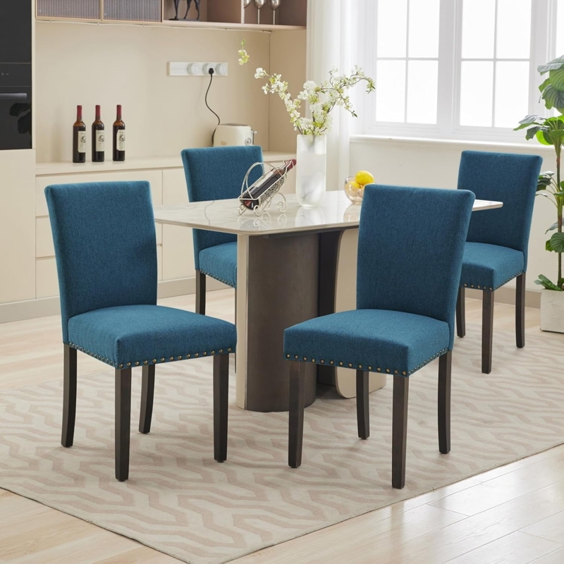 Beige Upholstered Parsons Chair with Button Tufting and Nailhead Trim