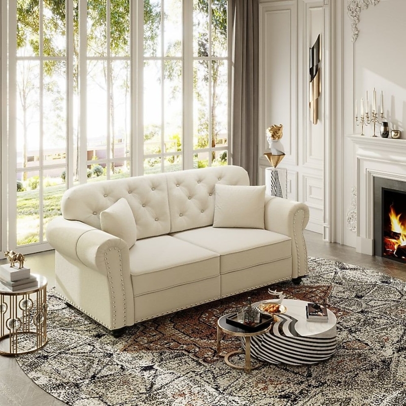 Beige Velvet Chesterfield Loveseat with Button Tufting and Tapered Legs