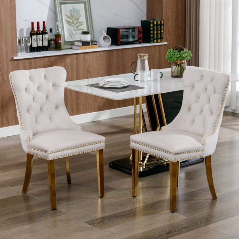 Beige Velvet Dining Chairs with Vertical Stitching and Gold Legs