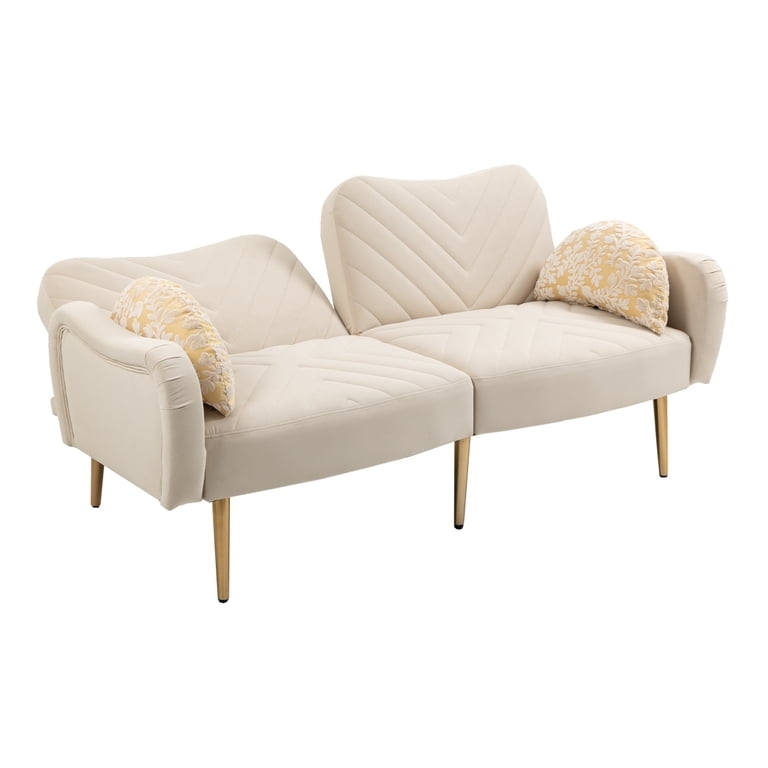 Beige Velvet Loveseat Sleeper with Bolster Pillows and Tapered Legs