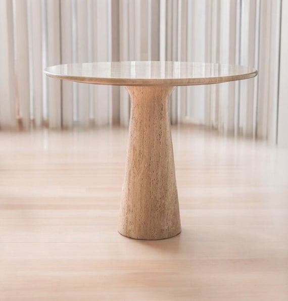 Bistro Table Round Travertine Stone Top Cylindrical Pedestal Base