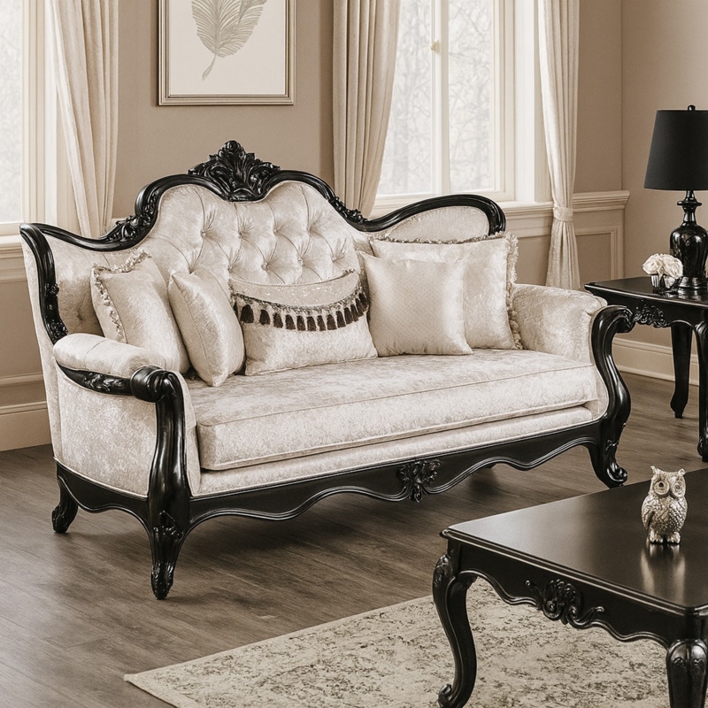 Black and White Living Room Set with Ornate Trim