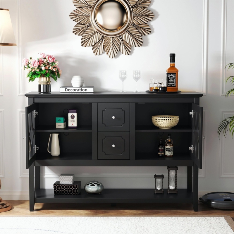 Black Buffet with Tempered Glass Doors and Vintage Silver Handles