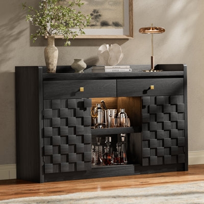 Black Coffee Bar Cabinet with Charging Station and LED Lighting