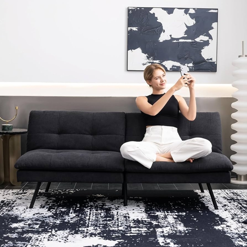Black Convertible Futon with Polished Metal Legs for Small Space Studio