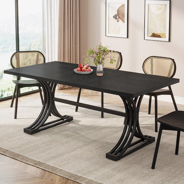 Black Dining Table with Double Pedestal Base and Wood Grain Finish