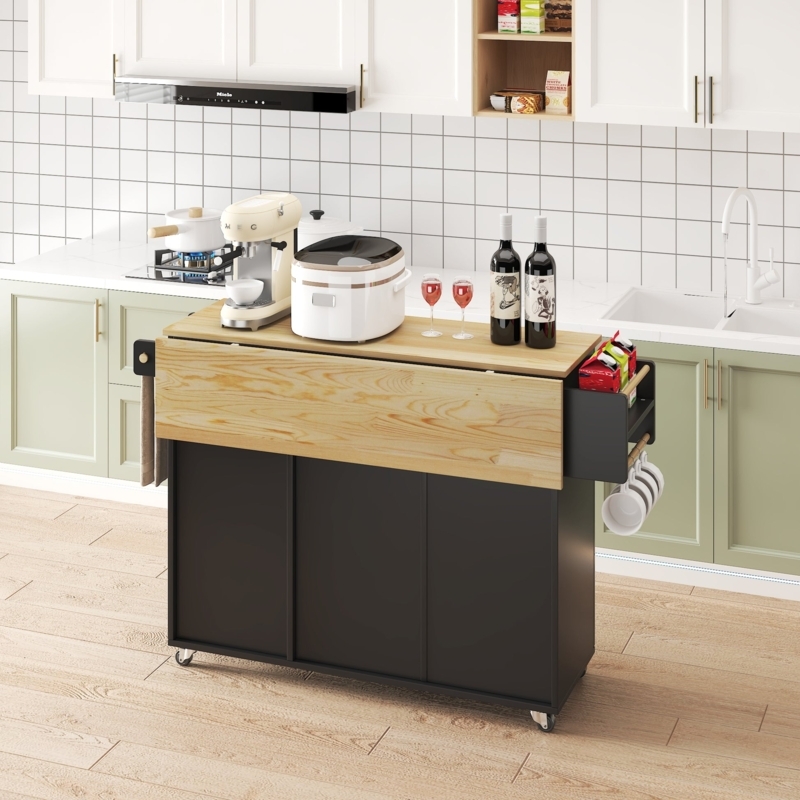 Black Farmhouse Kitchen Cart with Slatted Doors and Butcher Block Top