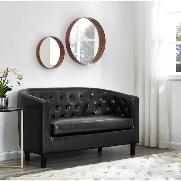 Black Faux Leather Barrel Loveseat with Button Tufting