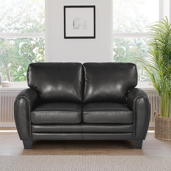 Black Faux Leather Loveseat with Flared Arms