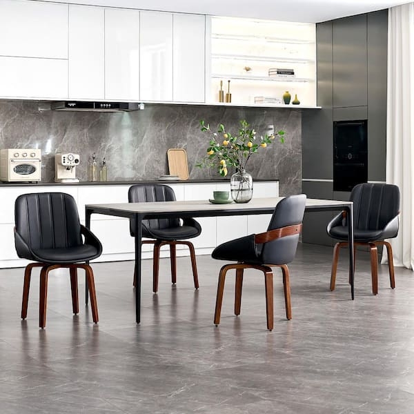 Black Faux Leather Swivel Dining Chairs with Bentwood Backs