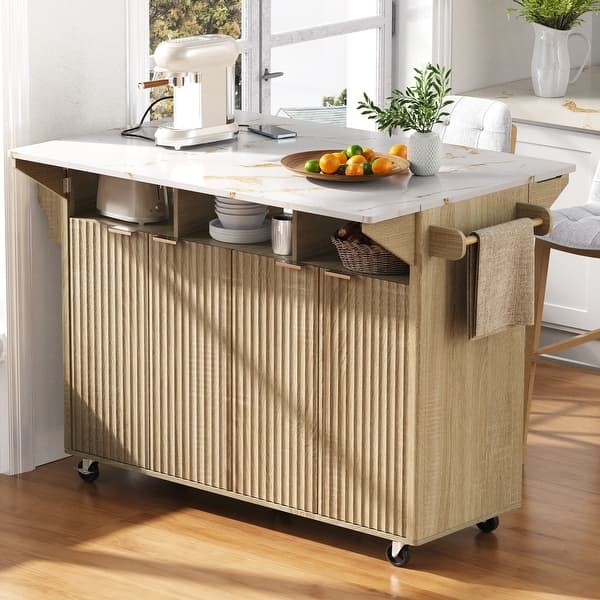 Black Fluted Kitchen Island Cart With Gold Hardware Accents