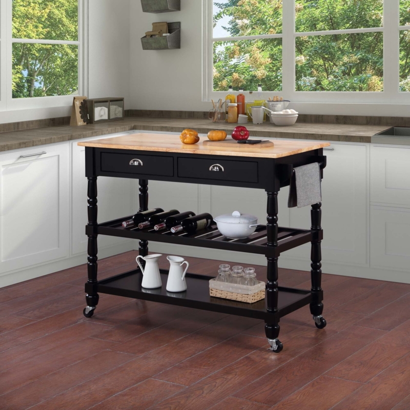 Black French Country Kitchen Cart with X-Side Panels and Wood Top