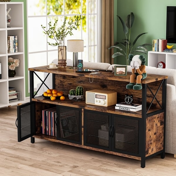 Black Glam Sideboard with Fluted Doors and Power Outlet