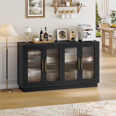 Black Glass-Front Sideboard: Modern Buffet with Adjustable Shelves