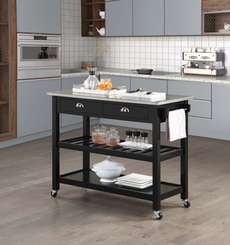 Black Industrial Kitchen Cart with Slatted Shelves and Dual Drawers