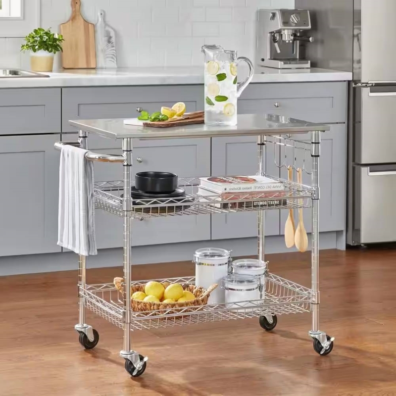 Black Kitchen Cart with Stainless Steel Top & Slatted Shelves