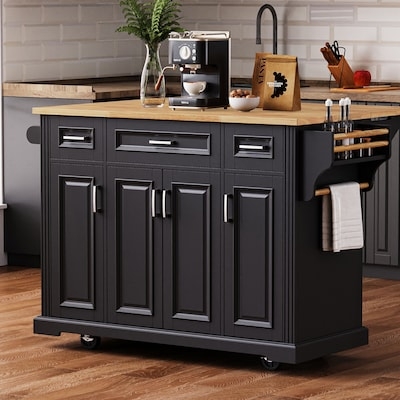 Black Kitchen Cart Wood Toned Top Side Racks Single Drawer