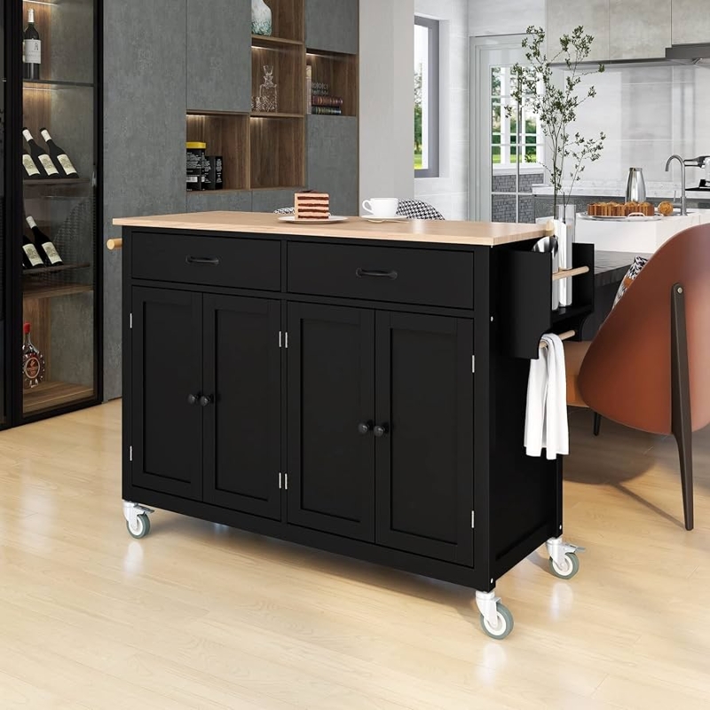 Black Kitchen Island Cart featuring Four Door Cabinet and Wood Top