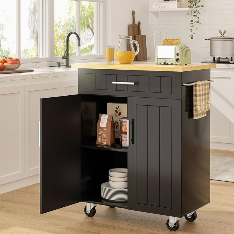 Black Kitchen Island Cart, Open Cubby Shelf, Wood Top