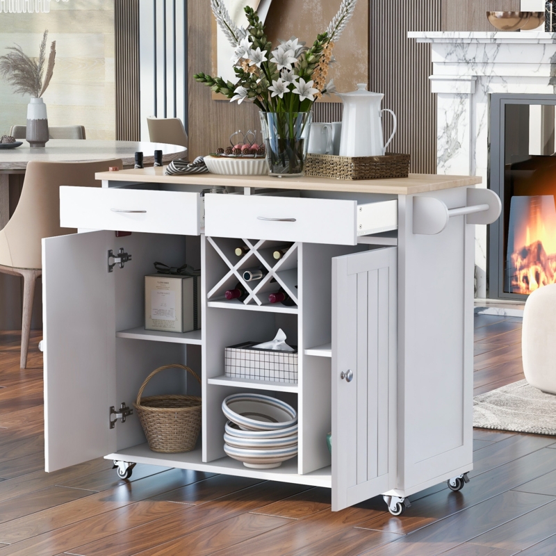 Black Kitchen Island Cart with Butcher Block Top and Locking Wheels