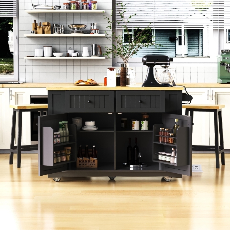 Black Kitchen Island Cart with Drop Leaf Extension and Glass Cabinets