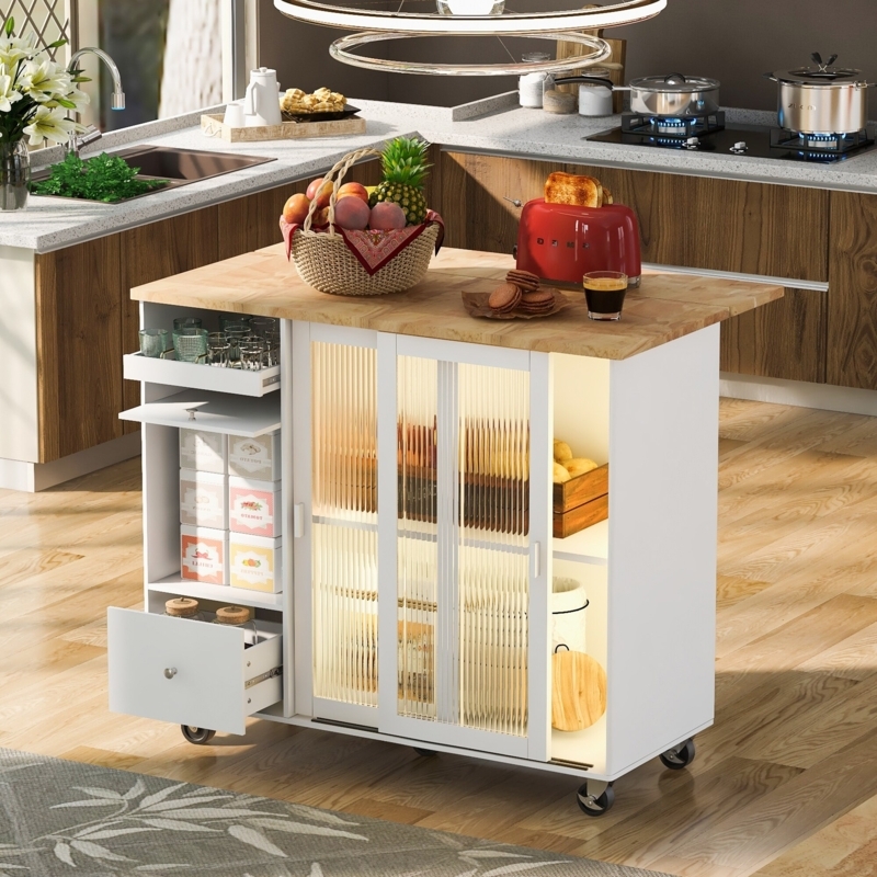 Black Kitchen Island Cart with Gold Hardware and Drop Leaf