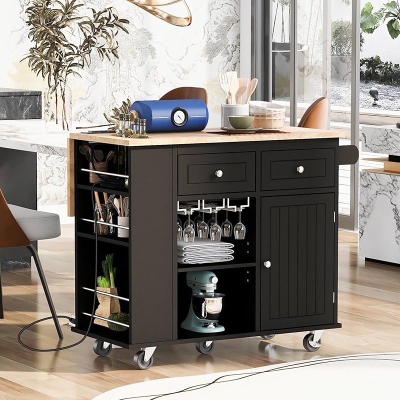 Black Kitchen Island Cart with Integrated Wine Rack and Power Outlet