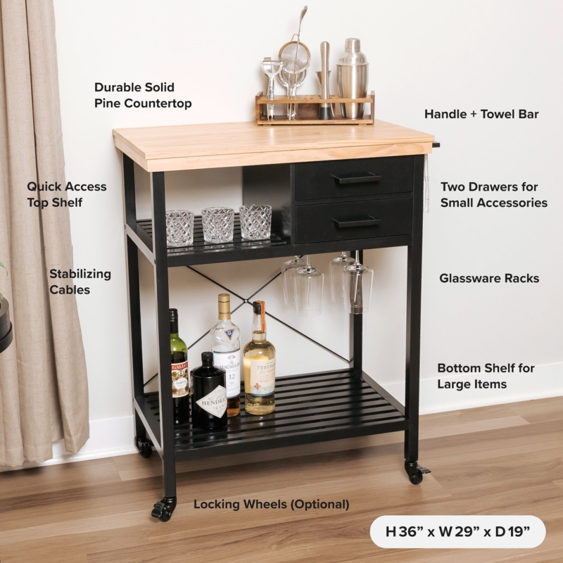 Black Kitchen Island Cart with Spice Rack and Natural Wood Counter