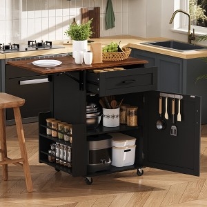 Black Kitchen Island Drop Leaf Wood Top Locking Casters