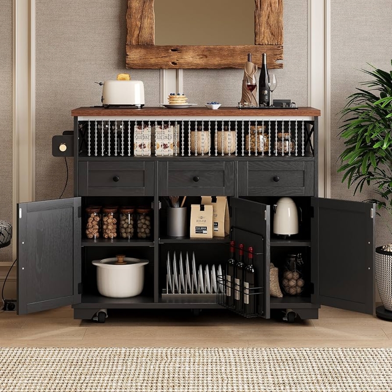 Black Kitchen Island Farmhouse Cart with Beaded Trim & Power
