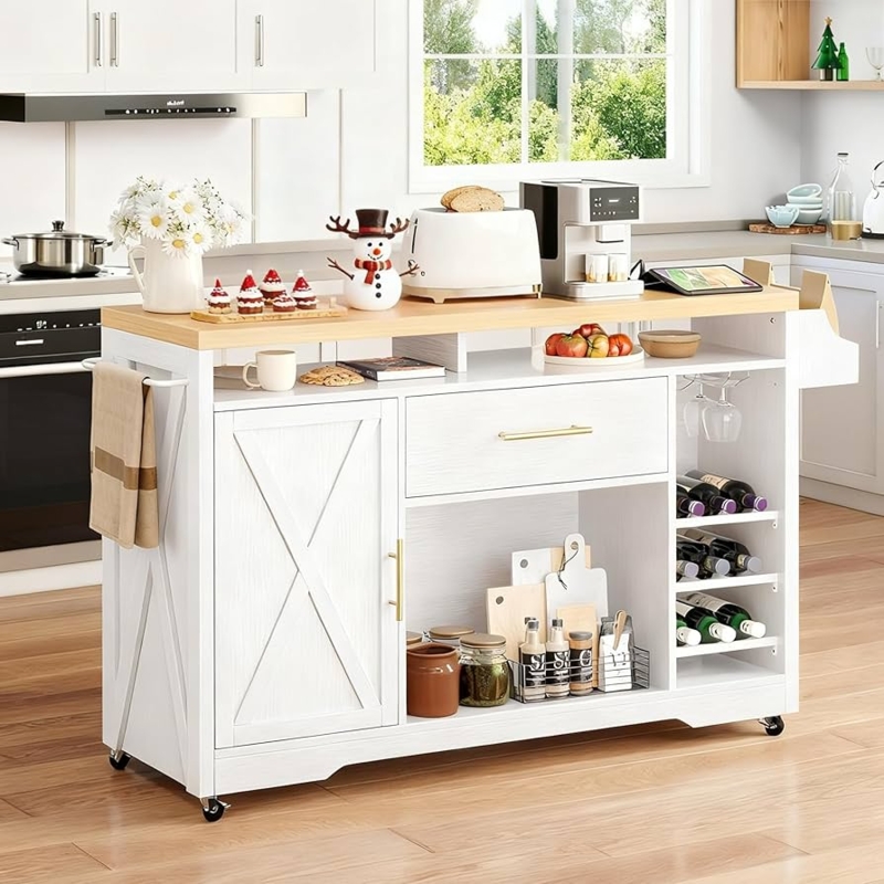 Black Kitchen Island with Power Outlet and Butcher Block Style Top