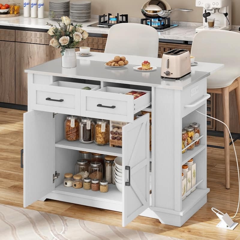 Black Kitchen Island with Power Outlets, Drop Leaf Top, and Drawers