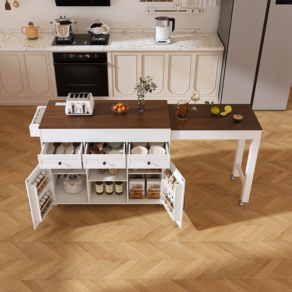 Black Kitchen Island With Pull-Out Table Power Outlet Wood Top