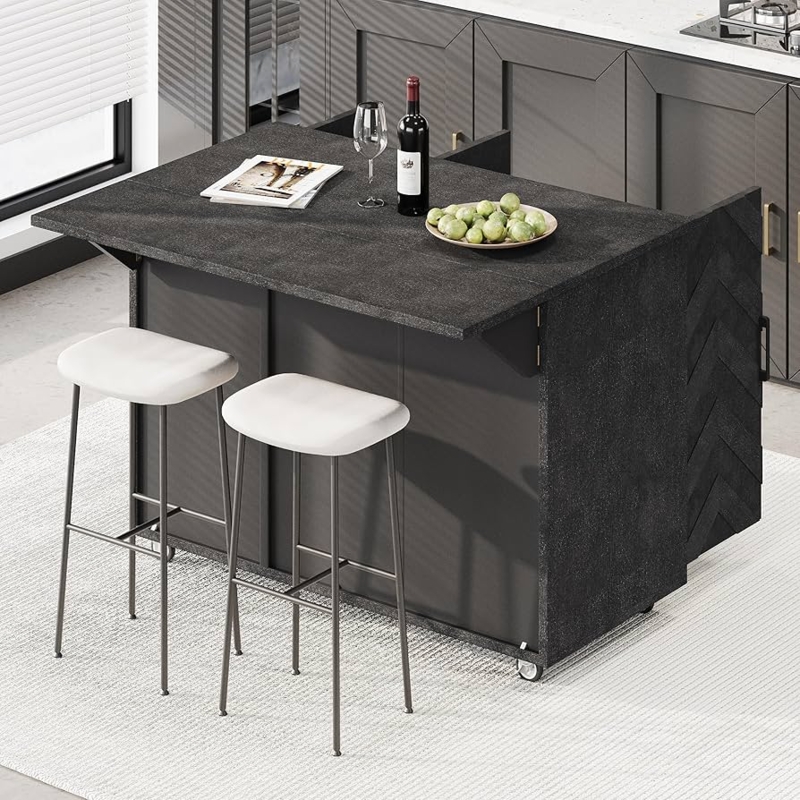 Black Kitchen Island With Seating And 3D Wave Stripes