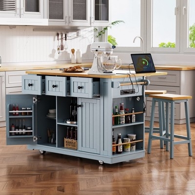 Black Kitchen Island with Stools, Integrated Power Outlet, and Drop Leaf