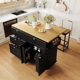 Black Kitchen Island With Storage And Vertical Wave Stripes