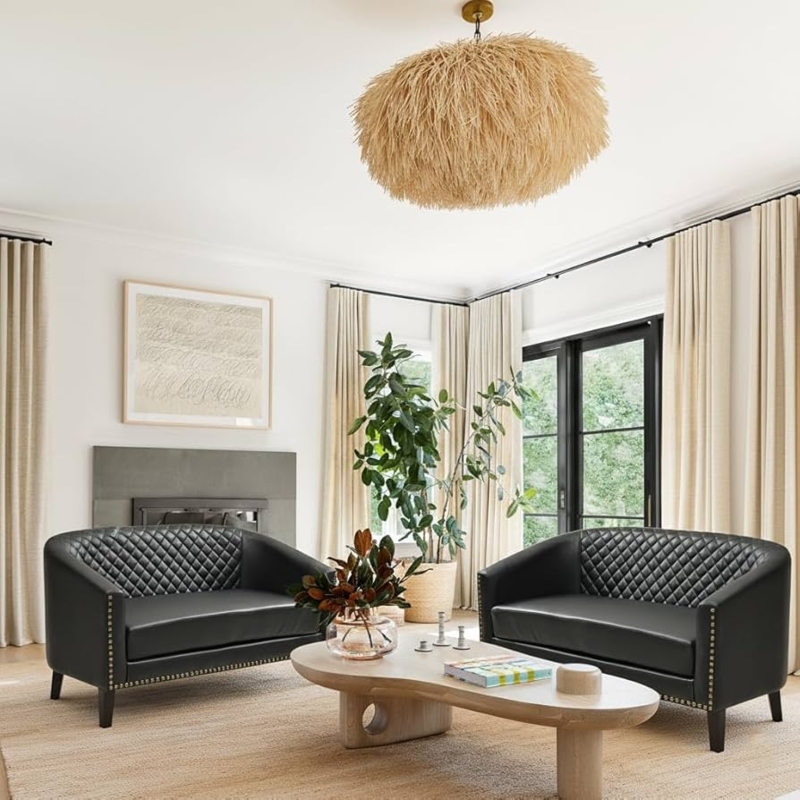 Black Leather-Like Barrel Back Loveseat with Diamond Tufting