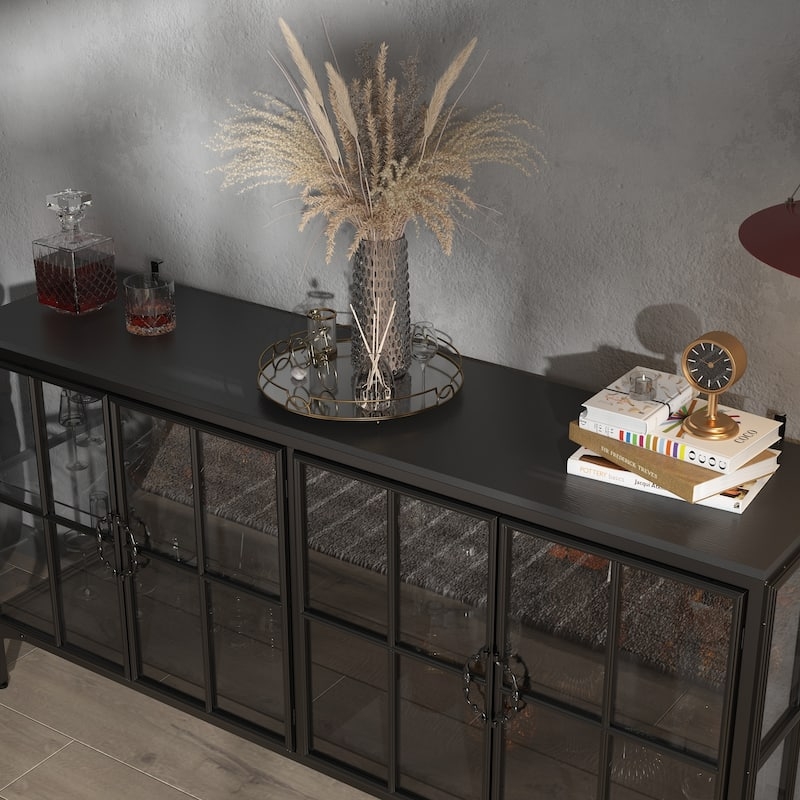 Black Metal Sideboard with Fluted Glass Doors and Integrated LED Lighting