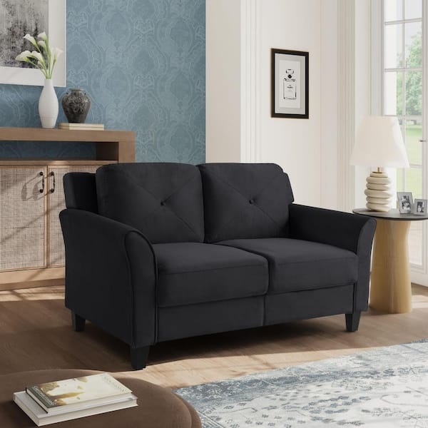 Black Microfiber Loveseat with Flared Arms, Minimalist Apartment Sofa