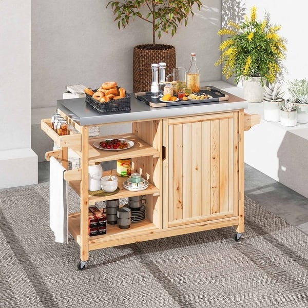 Black Mobile Kitchen Cart with Storage Cabinet and Side Utility Rack
