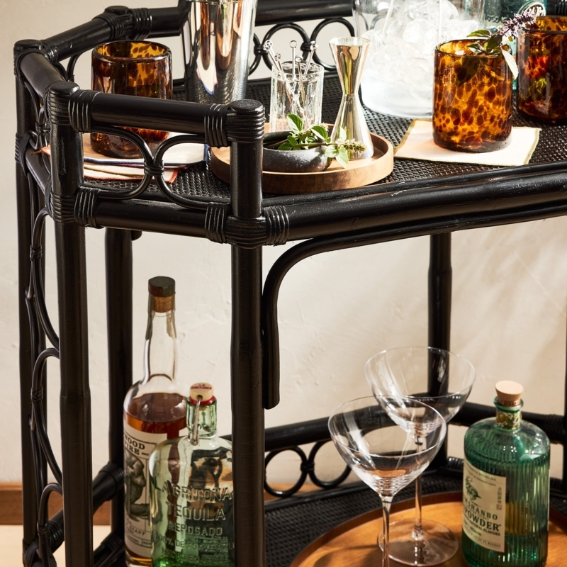 Black Rattan Bar Cart Circular Tiers Intricate Weave