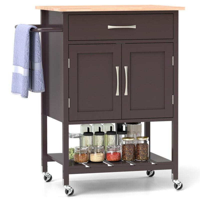 Black Rolling Cart with Butcher Block Top and Slatted Shelves