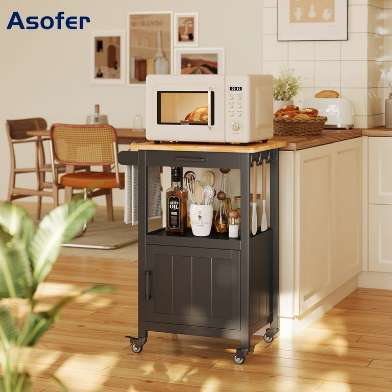 Black Rolling Kitchen Cart with Slatted Shelves and Towel Bar
